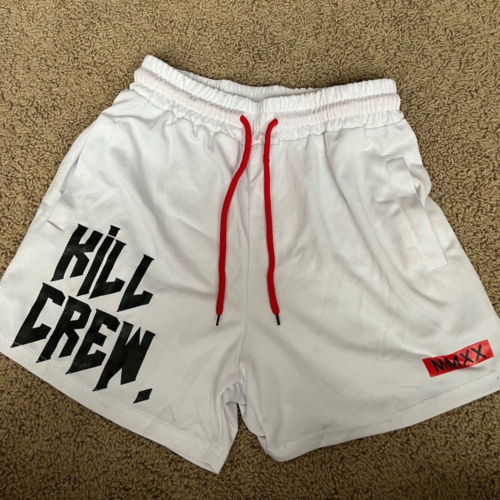 Kill Crew: white, black, and red workout shorts